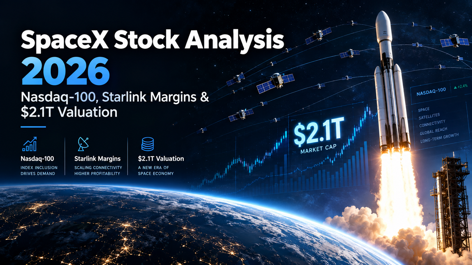 SpaceX stock analysis 2026 showing Nasdaq-100, Starlink margins, and $2.1 trillion valuation